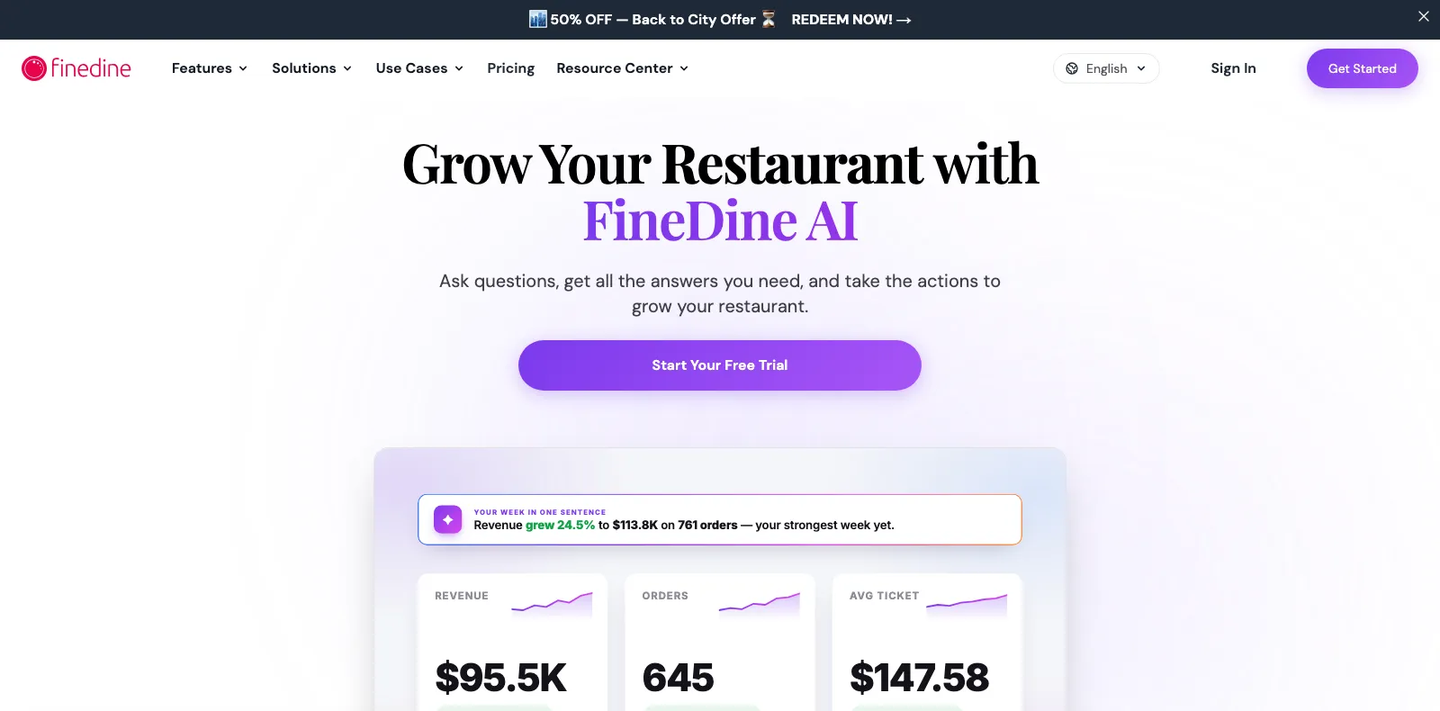 La página de inicio de FineDine, Grow Your Restaurant with FineDine AI, con un panel de ingresos y pedidos