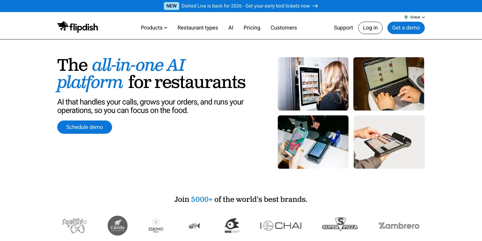 La página de inicio de Flipdish, The all-in-one AI platform for restaurants, con fotos de quioscos, móviles y datáfonos
