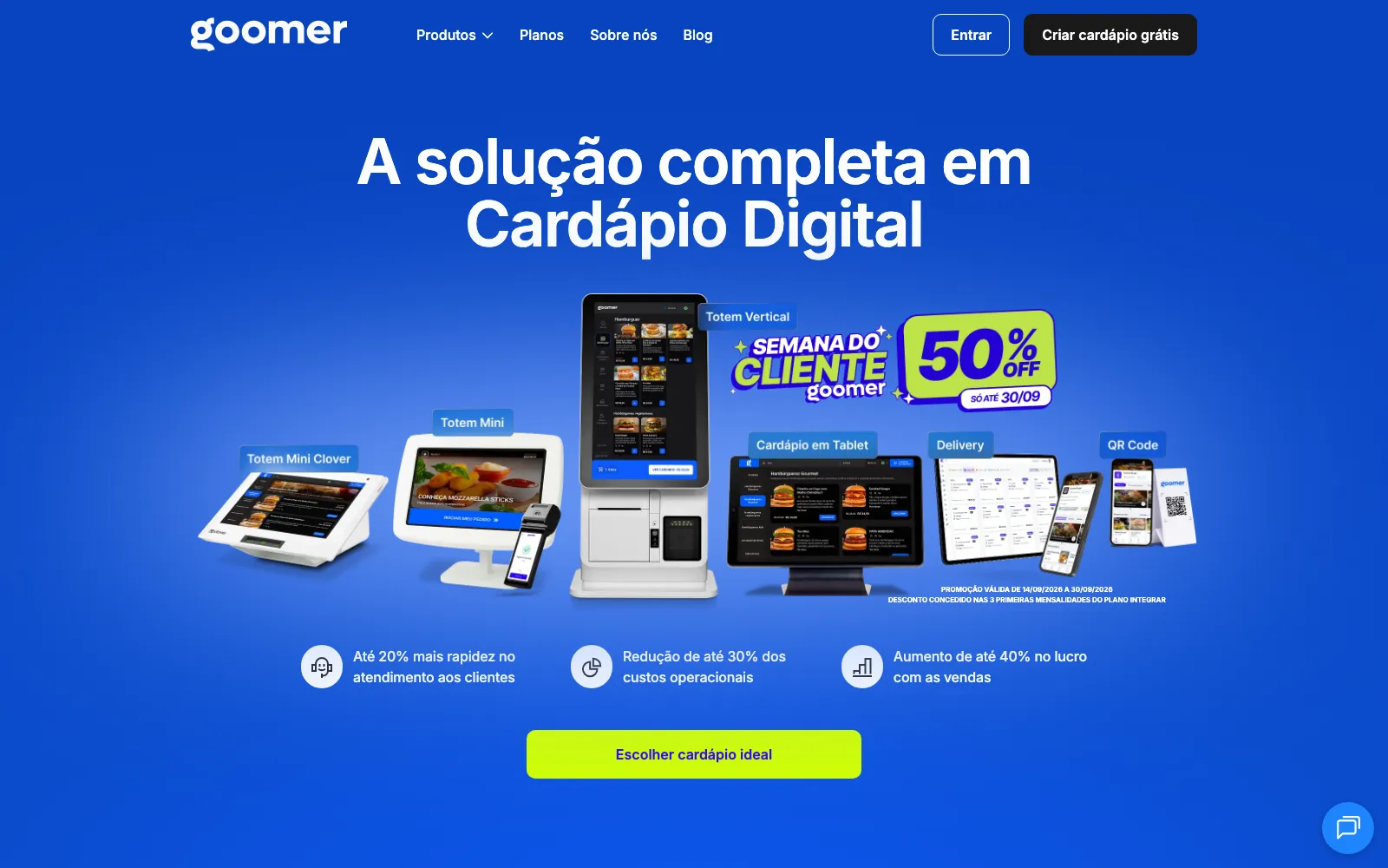 La página de inicio de Goomer, A solução completa em Cardápio Digital, que muestra tótems de autoservicio, cartas en tablet, reparto y productos con código QR