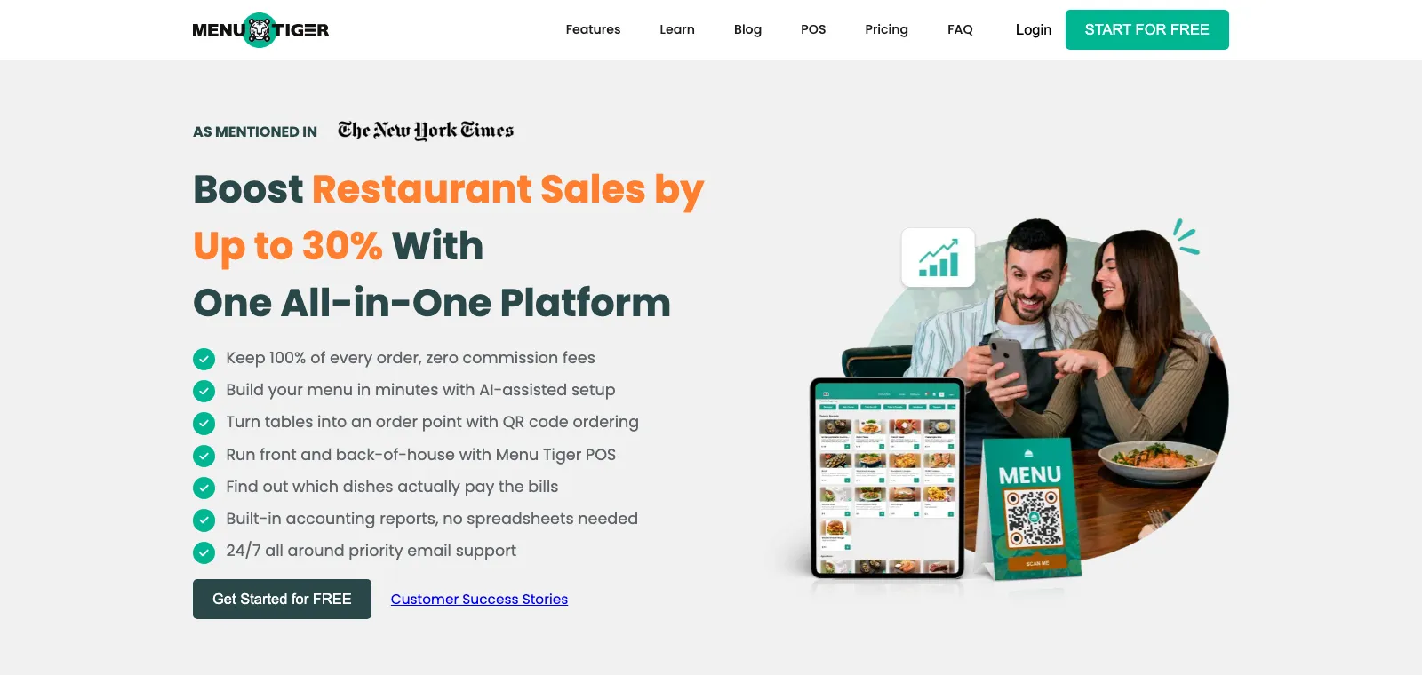 La página de inicio de MENU TIGER, que promete aumentar las ventas del restaurante con una plataforma todo en uno, junto a un menú en tablet y un caballete con código QR