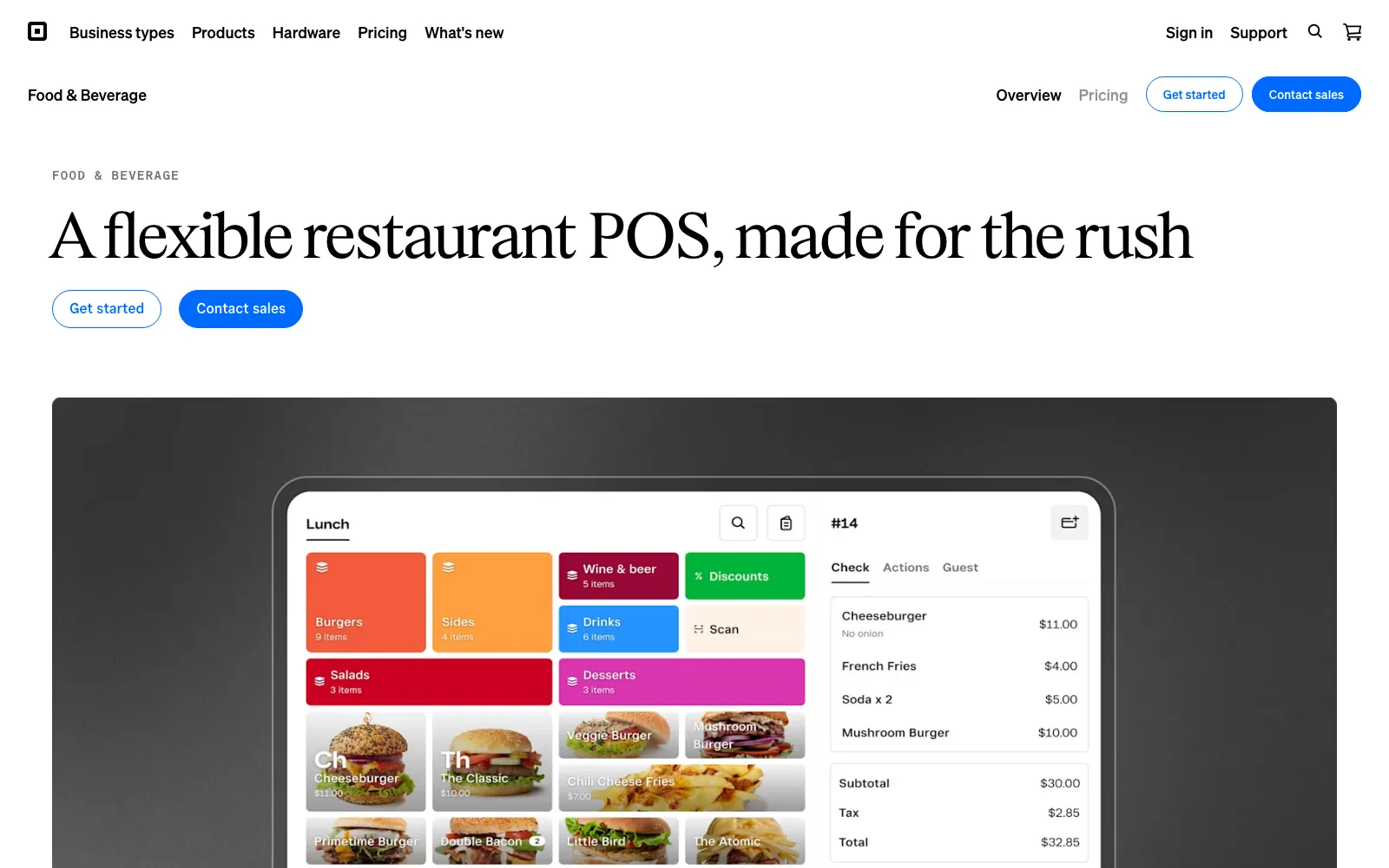 La página de Square for Restaurants, con el titular A flexible restaurant POS made for the rush, que muestra la pantalla del punto de venta con una carta de almuerzo