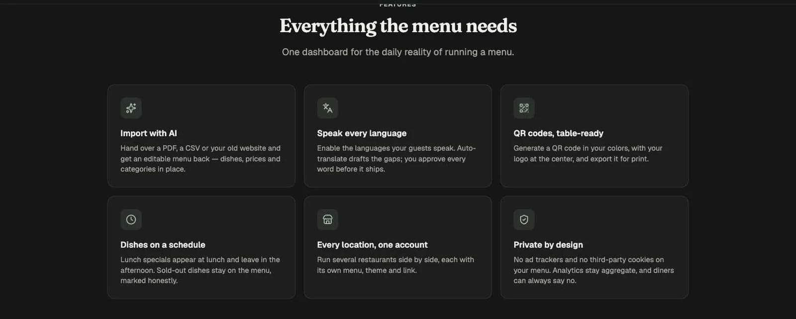 La cuadrícula de funciones de Menoodo: importación con IA, idiomas, códigos QR, horarios, varios restaurantes y privacidad