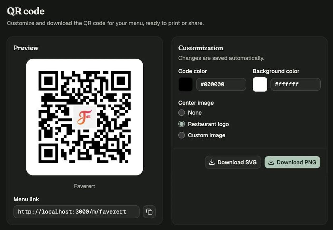 El generador de códigos QR gratuito de Menoodo, con un código verde oscuro, vista previa de impresión y botones para exportar SVG y PNG